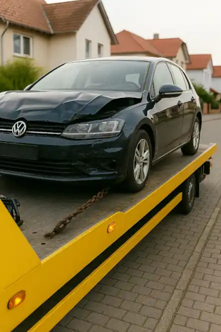Ein defektes Fahrzeug wird in Delbrück abgeschleppt, um es einem Autoankauf-Unternehmen anzubieten.
