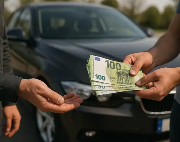 Ein Kunde erhält Bargeld beim Autoankauf in Delbrück, nachdem er sein Fahrzeug erfolgreich verkauft hat.
